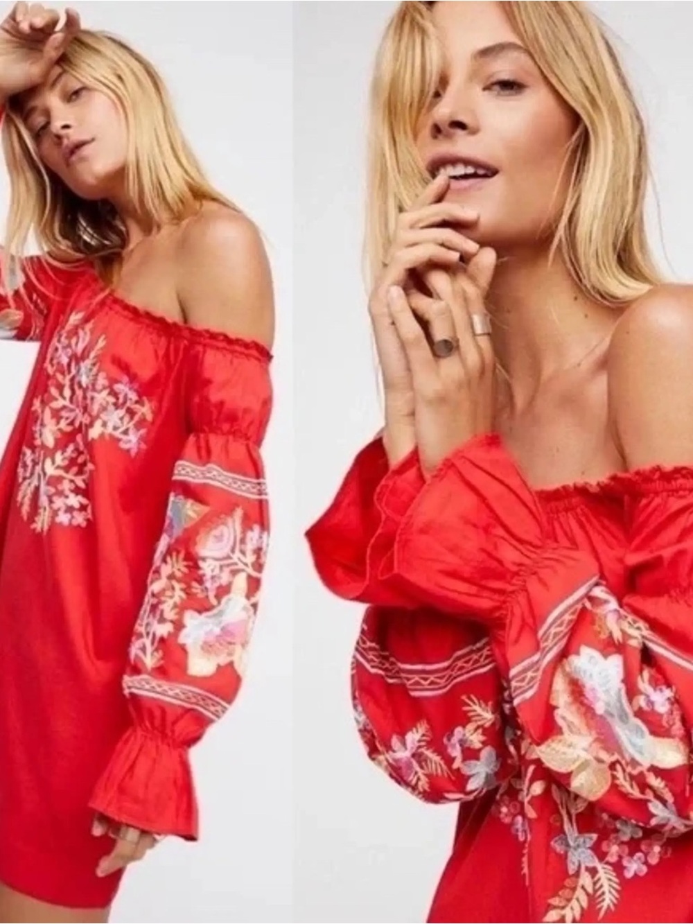 Free People Fleur Du Jour Red Embroidered Dress